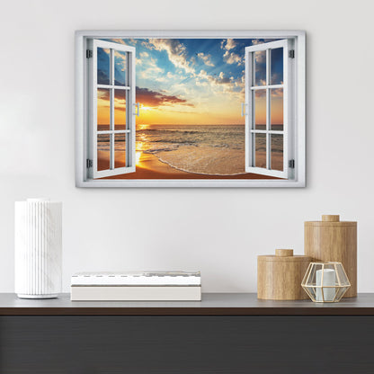 Coastal Sunset Oil Painting for Nautical Home Décor - Beachfront Window View Art