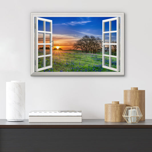 Sunrise View Through Window with Wildflowers in Spring Field - Canvas Wall Art