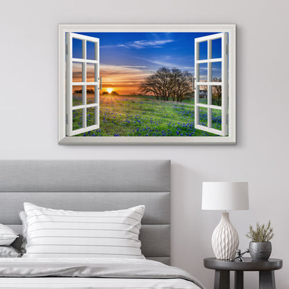 Sunrise View Through Window with Wildflowers in Spring Field - Canvas Wall Art
