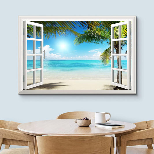 Tropical Beach View with Palm Trees and Blue Ocean Canvas Wall Art