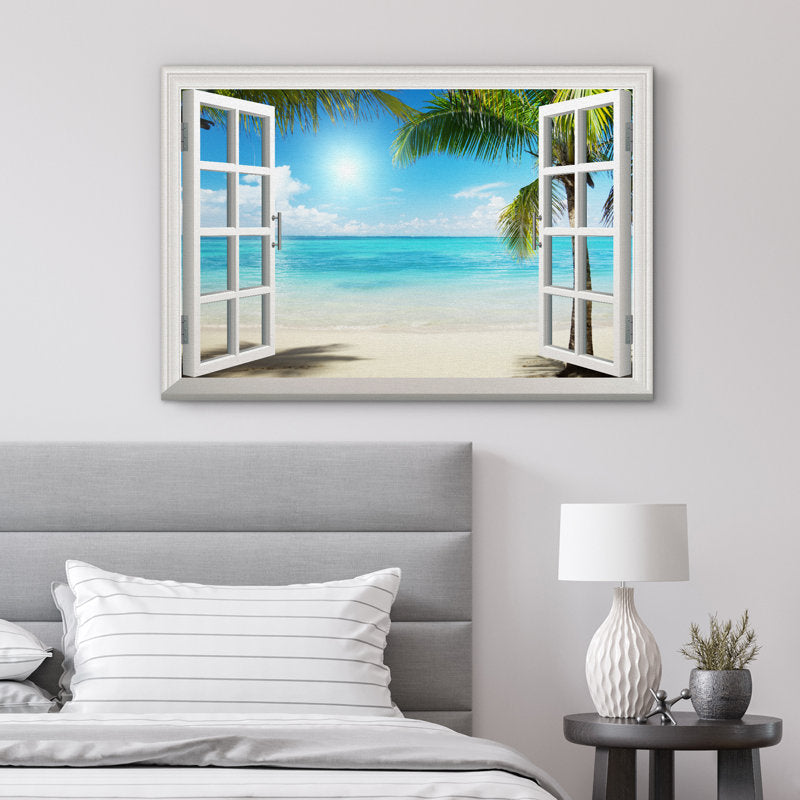 Tropical Beach View with Palm Trees and Blue Ocean Canvas Wall Art