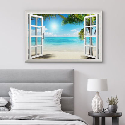 Tropical Beach View with Palm Trees and Blue Ocean Canvas Wall Art