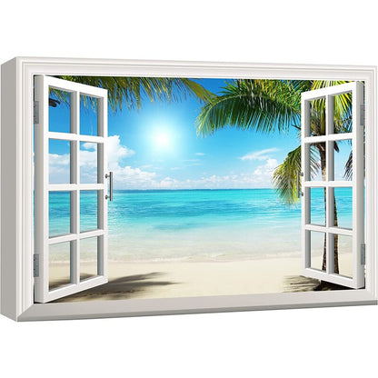Tropical Beach View with Palm Trees and Blue Ocean Canvas Wall Art