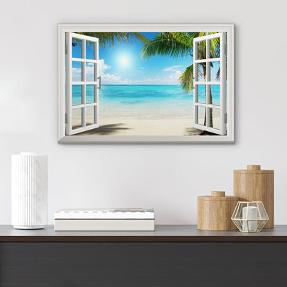 Tropical Beach View with Palm Trees and Blue Ocean Canvas Wall Art