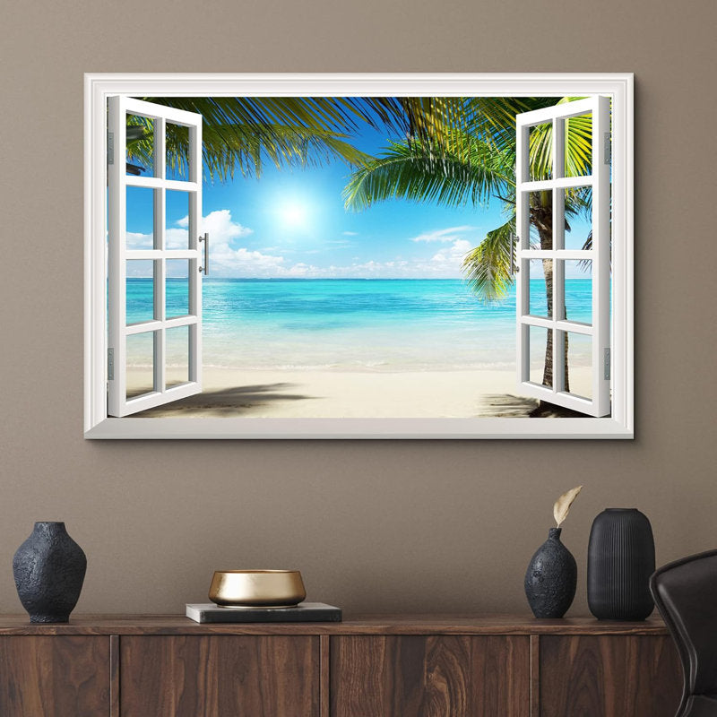 Tropical Beach View with Palm Trees and Blue Ocean Canvas Wall Art