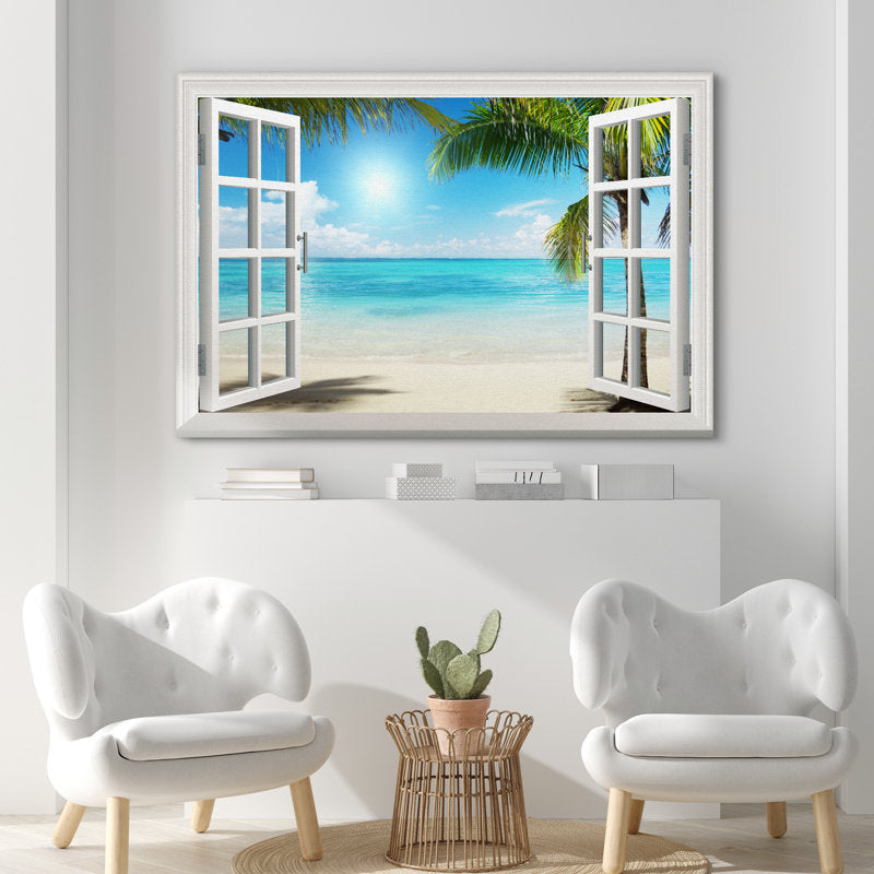 Tropical Beach View with Palm Trees and Blue Ocean Canvas Wall Art