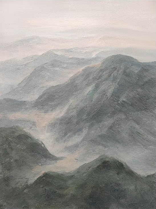 Serene Misty Mountainscape Oil Painting for Elegant Home Décor