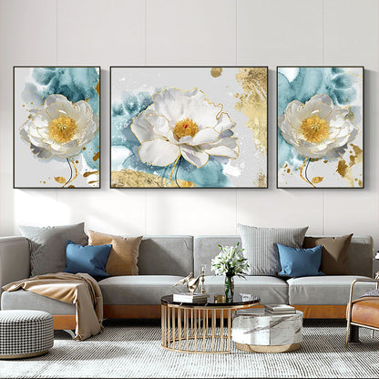 White Flower Gold Accent Peaceful Abstract Oil Painting