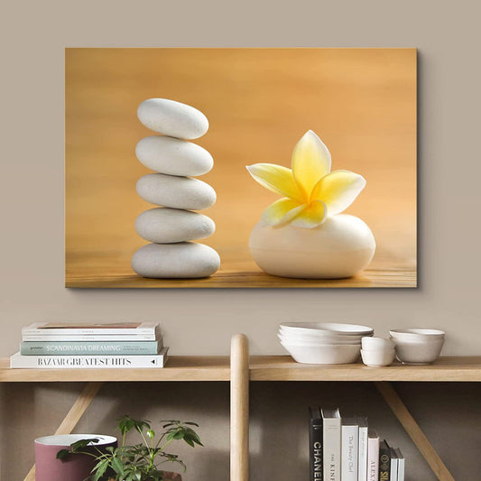 Tranquil Oil Painting of Zen Stones and Blooming White Plumeria Flower