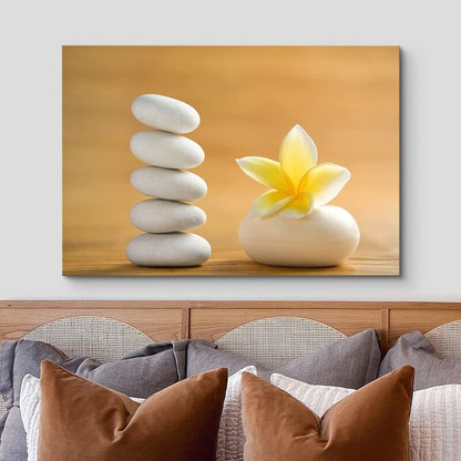 Tranquil Oil Painting of Zen Stones and Blooming White Plumeria Flower