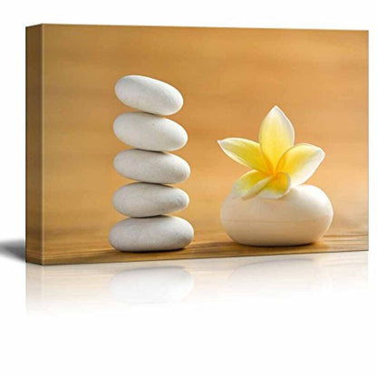 Tranquil Oil Painting of Zen Stones and Blooming White Plumeria Flower