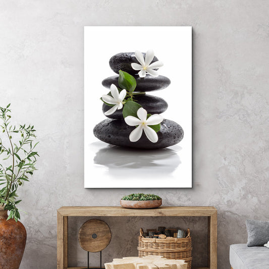 Calming Zen Stones with Plumeria Flowers for Relaxing Bathroom Wall Art