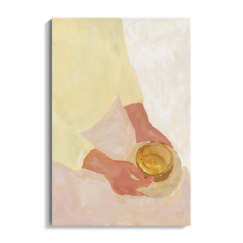 Serene Hands Holding a Bowl - Modern Oil Painting for Tranquil Home Decor