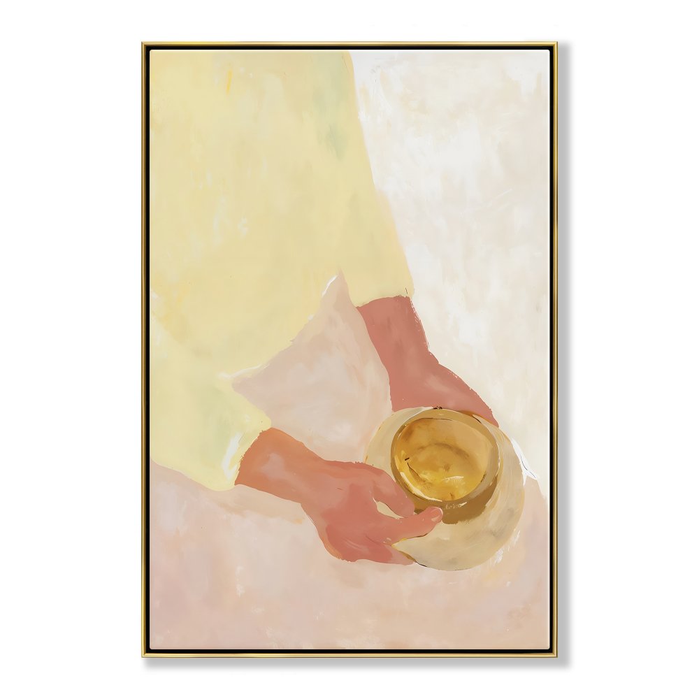 Serene Hands Holding a Bowl - Modern Oil Painting for Tranquil Home Decor