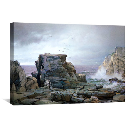 Serene Rocky Coastline Oil Painting for Coastal Home Decor