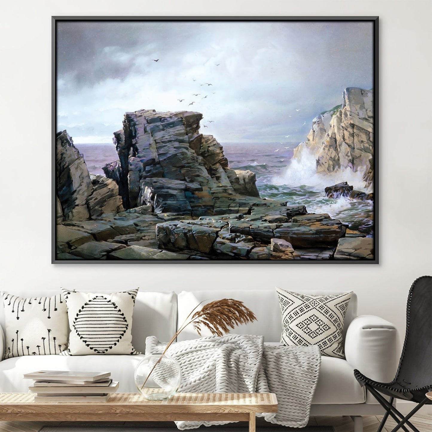 Serene Rocky Coastline Oil Painting for Coastal Home Decor