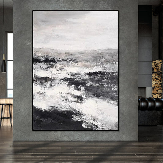 Monochrome Ocean Waves - Abstract Oil Painting for Modern Home Decor