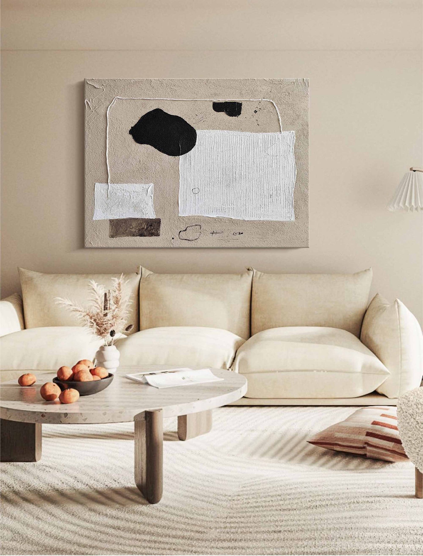 Abstract Minimalist Oil Painting with Geometric Black and White Shapes for Modern Decor