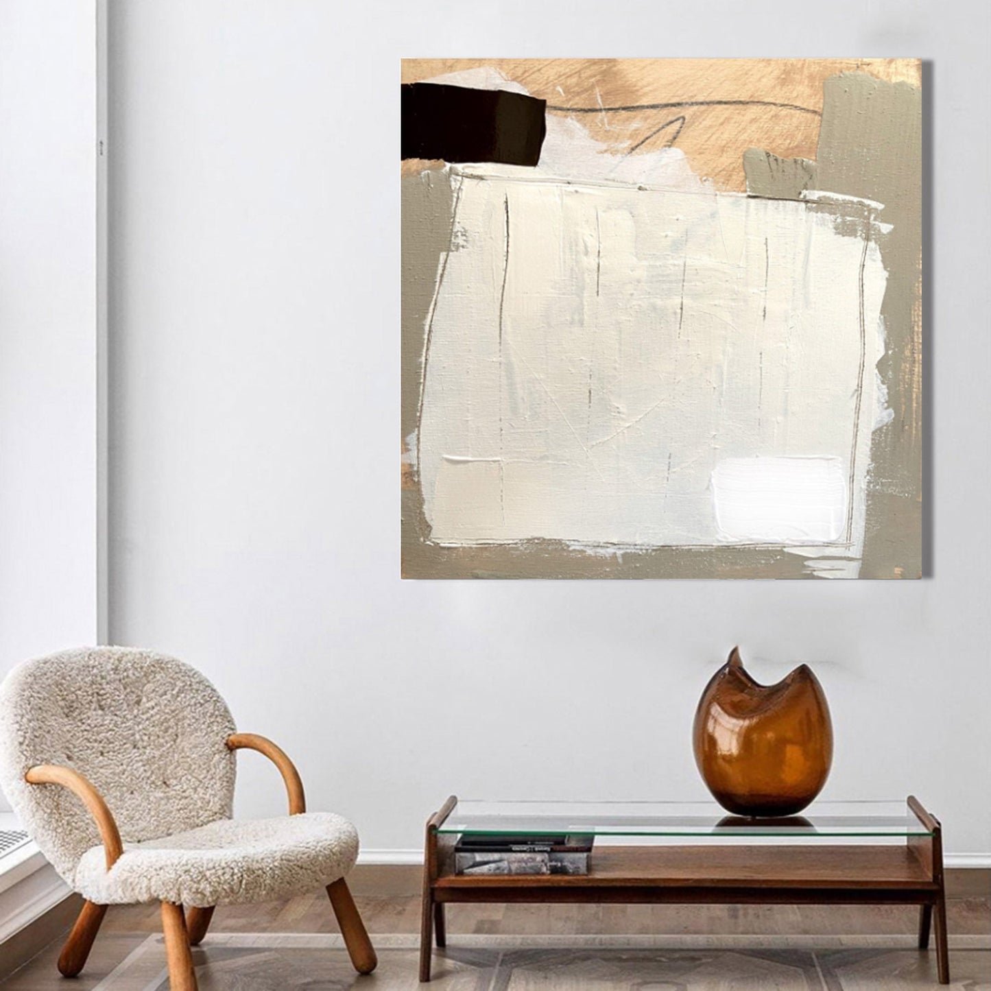 Contemporary Abstract Oil Painting with Neutral Tones and Textured Depth