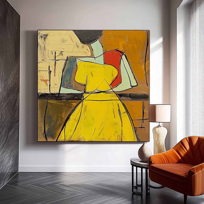 Colorful Abstract Oil Painting of a Woman in Yellow Dress - Modern Canvas Art
