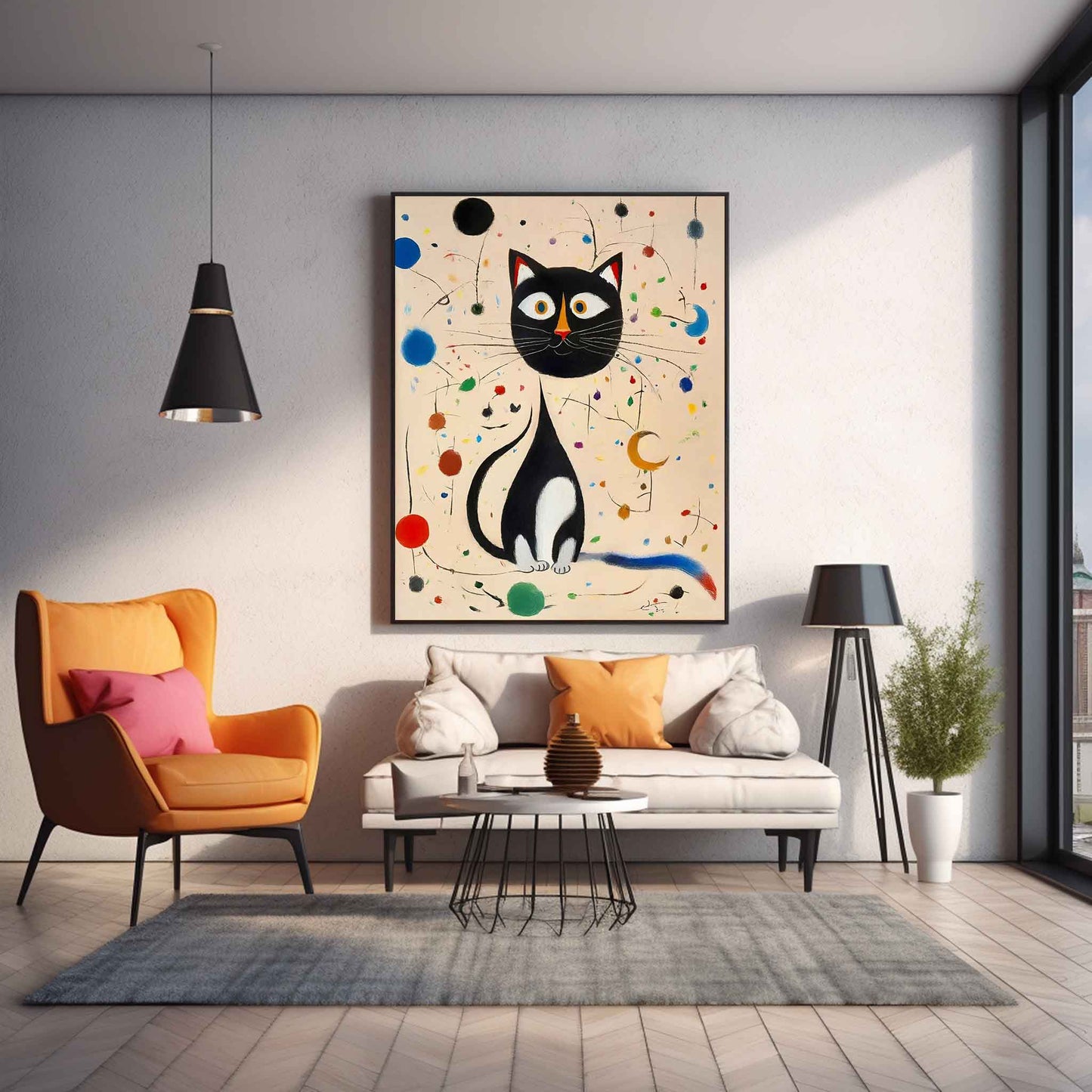 Charming Black Cat Oil Painting with Colorful Abstract Surroundings