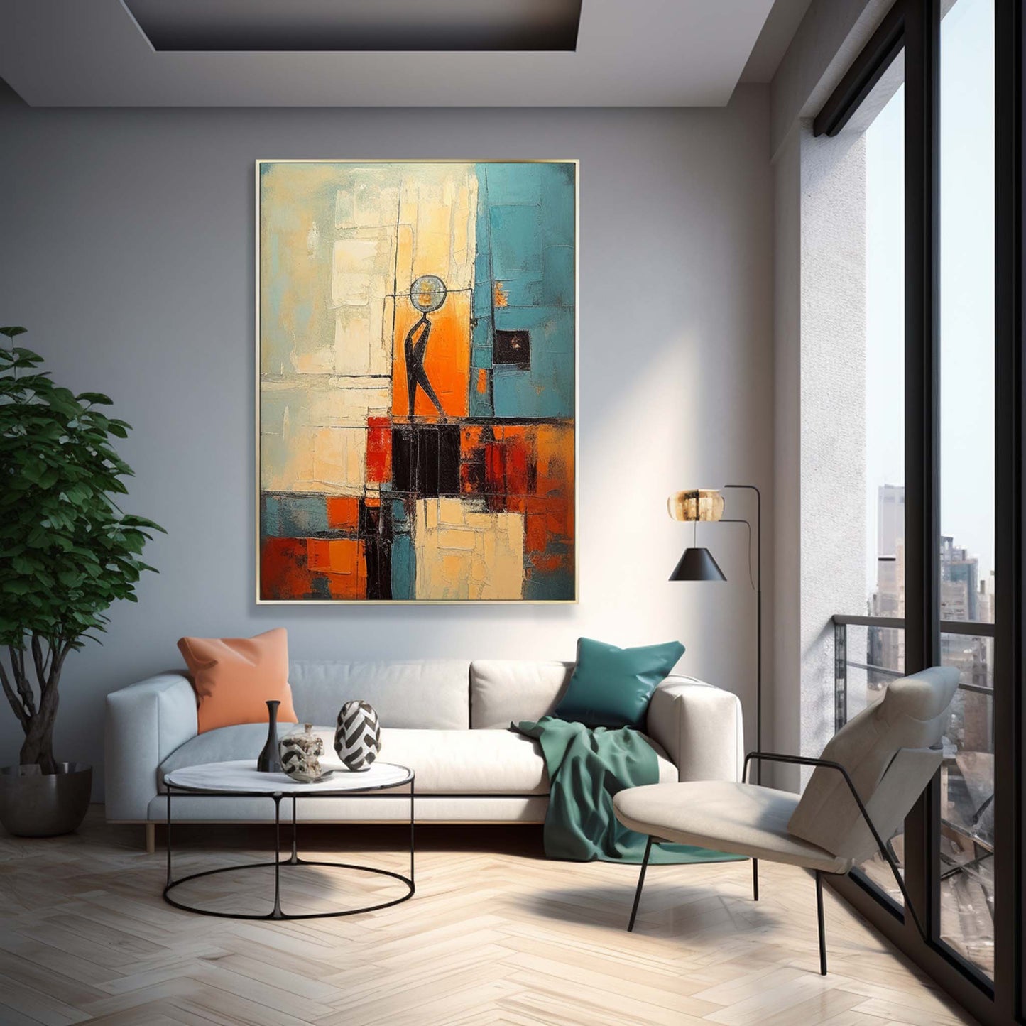 Vibrant Abstract Oil Painting with Figure and Geometric Shapes for Modern Decor
