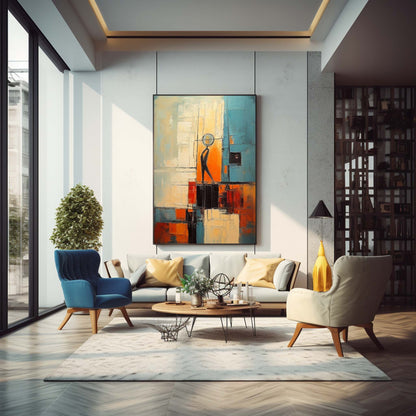 Vibrant Abstract Oil Painting with Figure and Geometric Shapes for Modern Decor