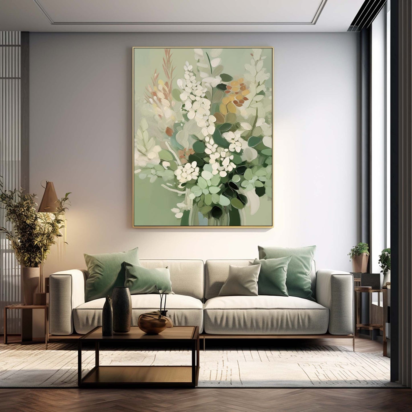 Elegant Floral Oil Painting for Home Décor – Green and White Bouquet Artwork