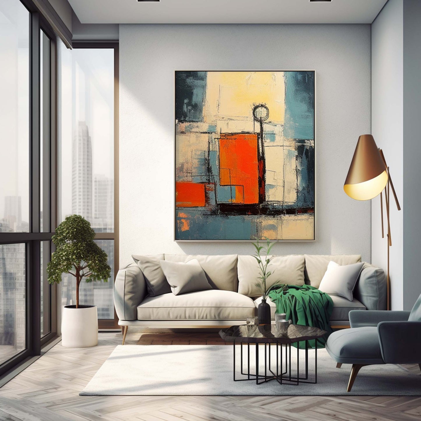 Vibrant Abstract Oil Painting with Bold Colors and Modern Geometric Design