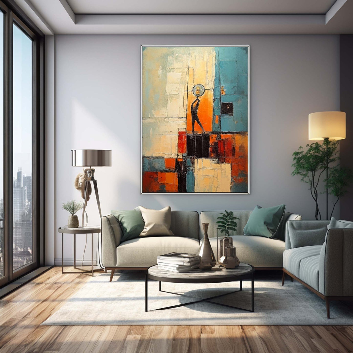 Vibrant Abstract Oil Painting with Figure and Geometric Shapes for Modern Decor