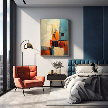Vibrant Abstract Oil Painting with Figure and Geometric Shapes for Modern Decor