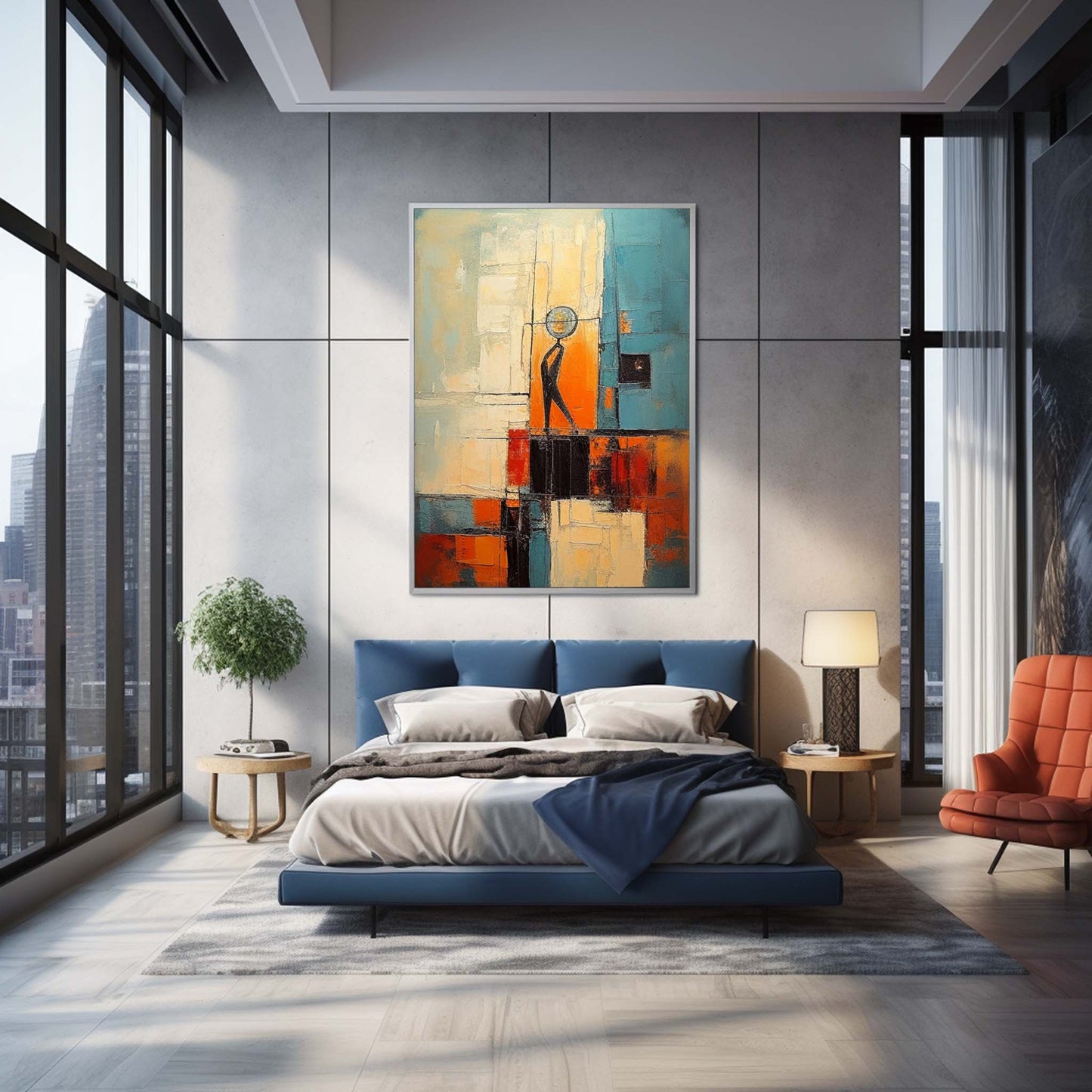 Vibrant Abstract Oil Painting with Figure and Geometric Shapes for Modern Decor