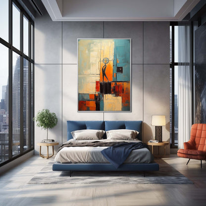 Vibrant Abstract Oil Painting with Figure and Geometric Shapes for Modern Decor