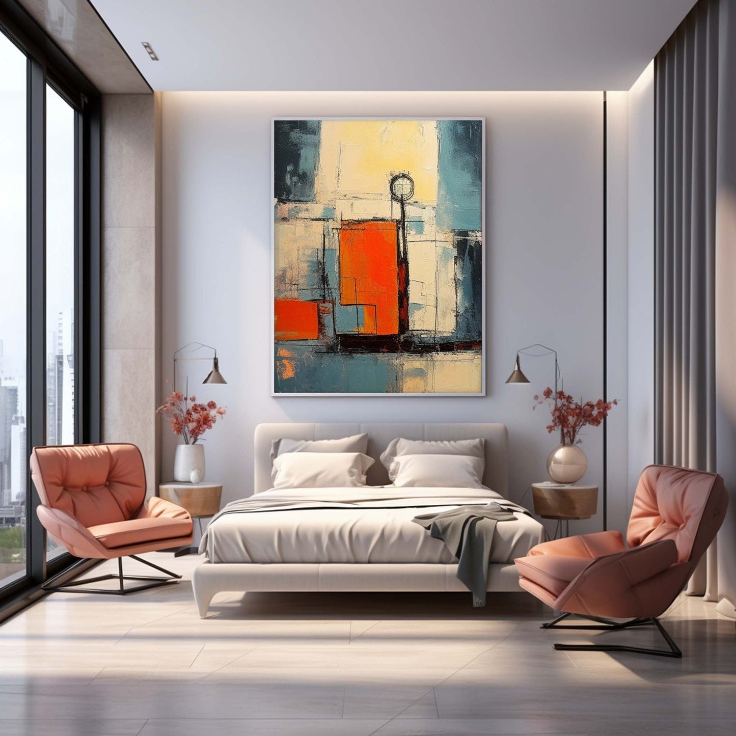 Vibrant Abstract Oil Painting with Bold Colors and Modern Geometric Design
