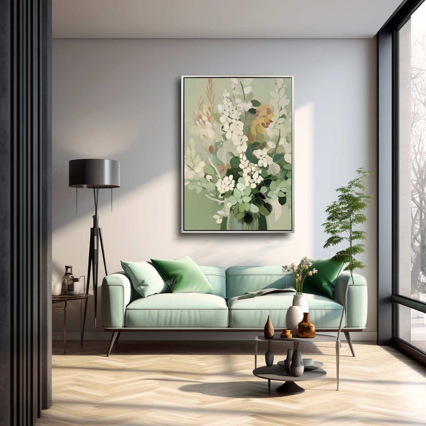 Elegant Floral Oil Painting for Home Décor – Green and White Bouquet Artwork