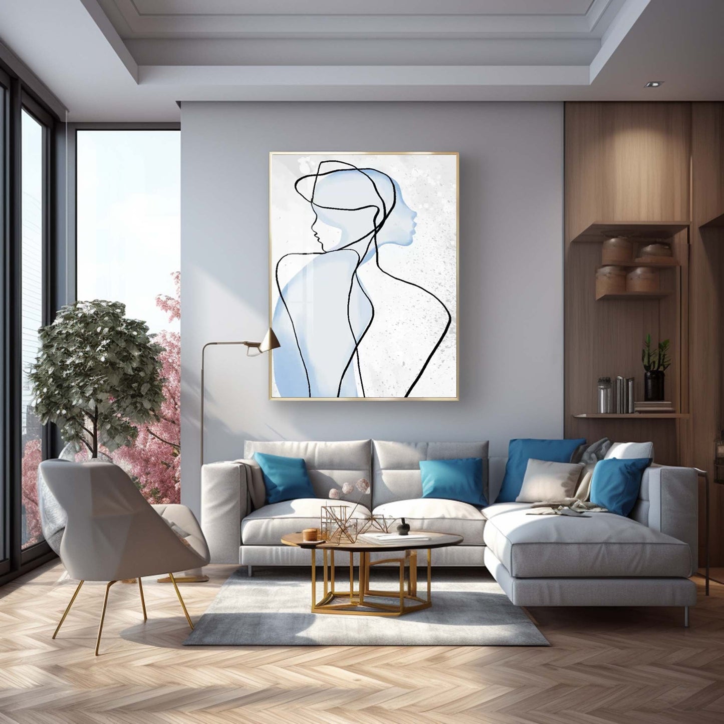 Contemporary Abstract Oil Painting of Blue Silhouetted Figures on Canvas