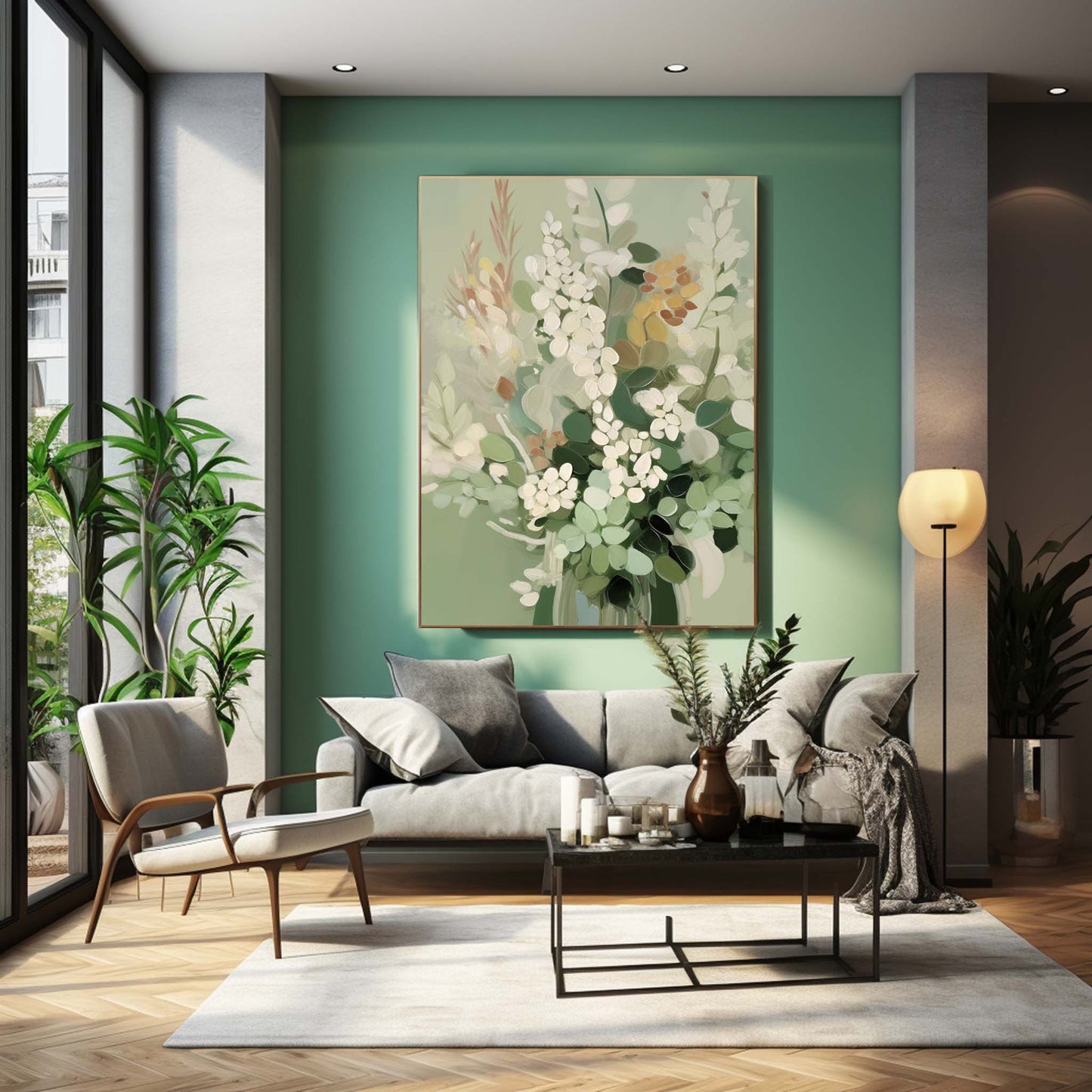Elegant Floral Oil Painting for Home Décor – Green and White Bouquet Artwork