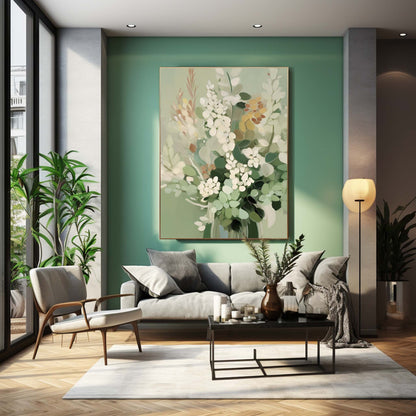 Elegant Floral Oil Painting for Home Décor – Green and White Bouquet Artwork