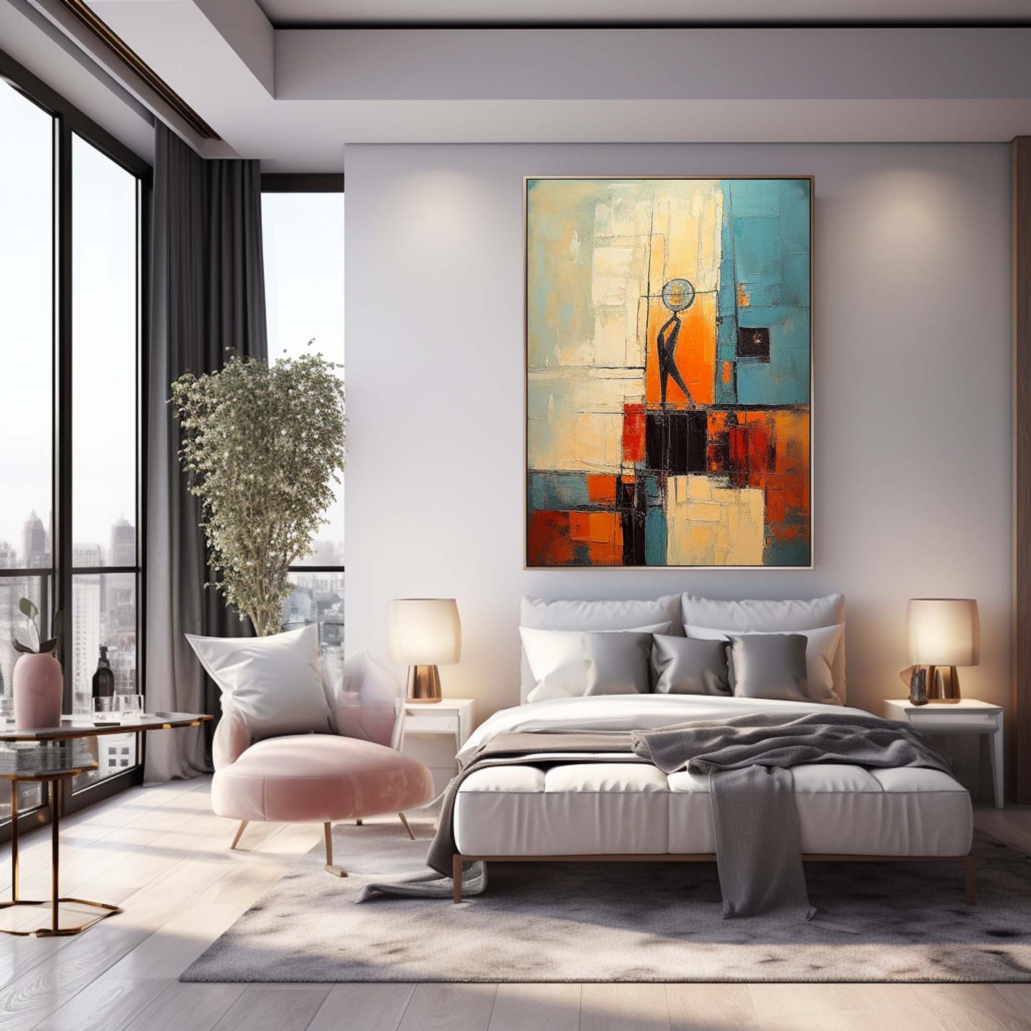 Vibrant Abstract Oil Painting with Figure and Geometric Shapes for Modern Decor