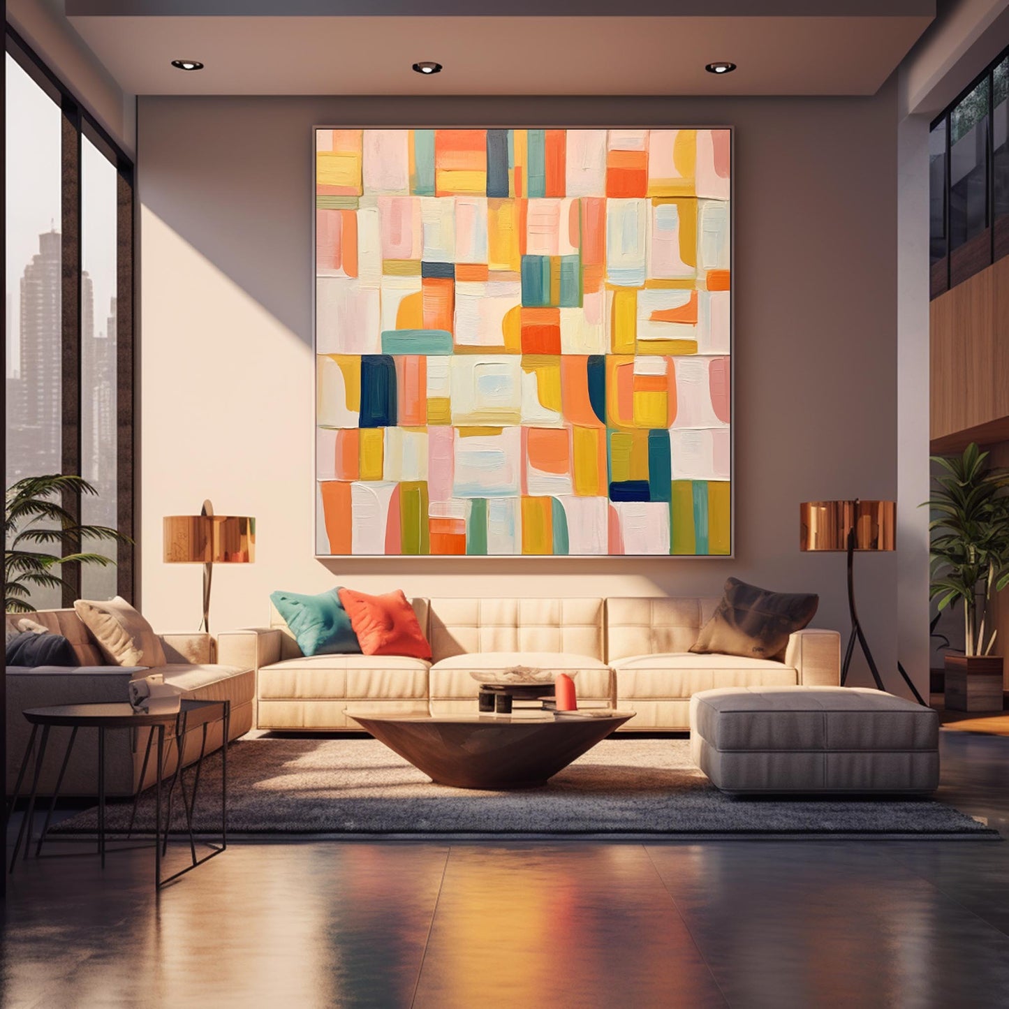 Vibrant Abstract Oil Painting with Colorful Geometric Patterns for Modern Decor