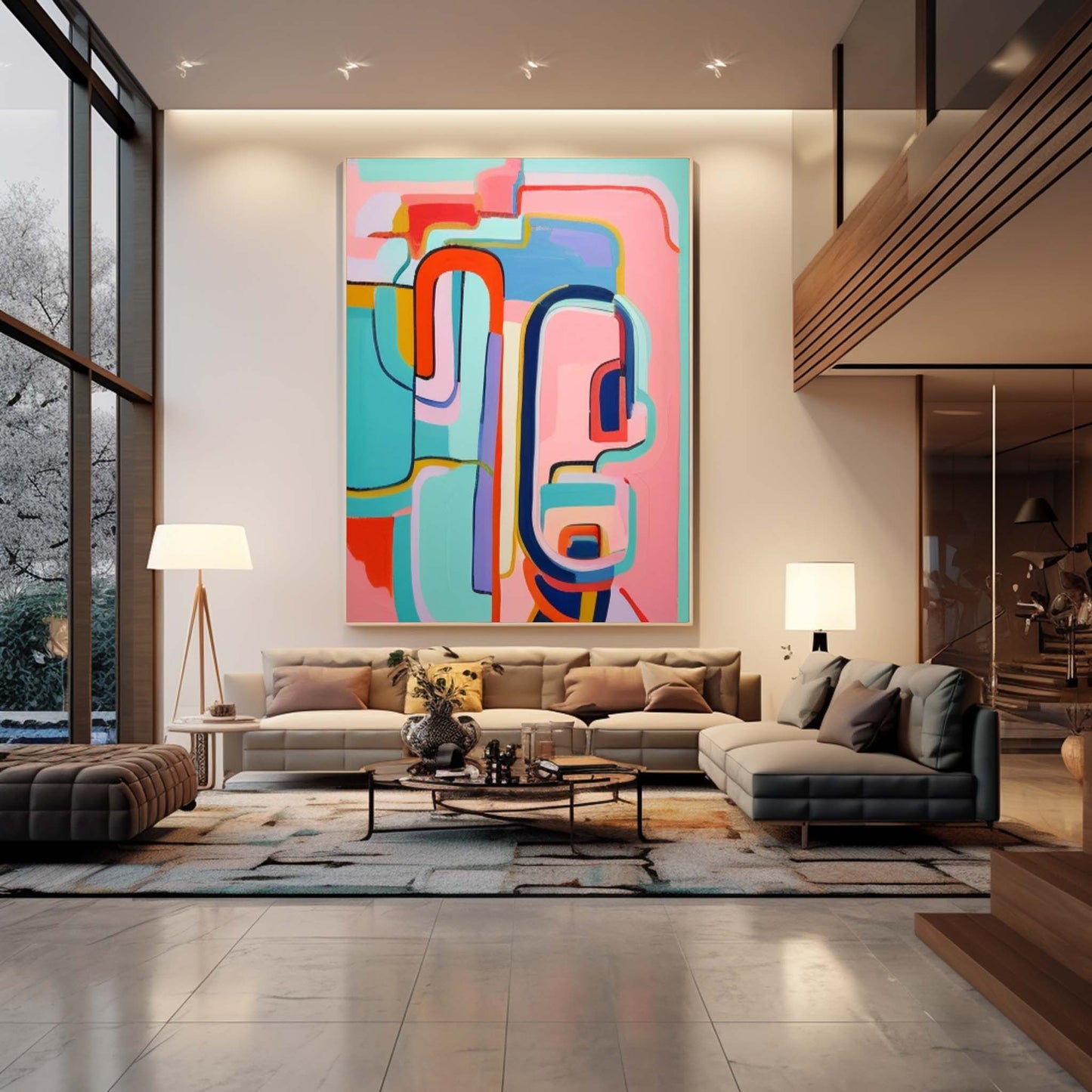 Vibrant Abstract Oil Painting with Colorful Geometric Shapes for Modern Decor