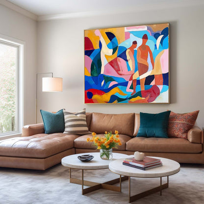 Colorful Abstract Oil Painting of Human Figures in Dynamic Composition