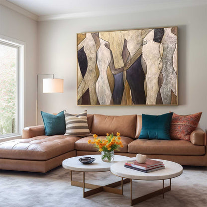 Contemporary Abstract Oil Painting of Figures in Earthy Tones for Modern Decor