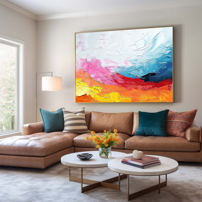 Vibrant Abstract Oil Painting with Dynamic Colorful Waves and Textured Finish