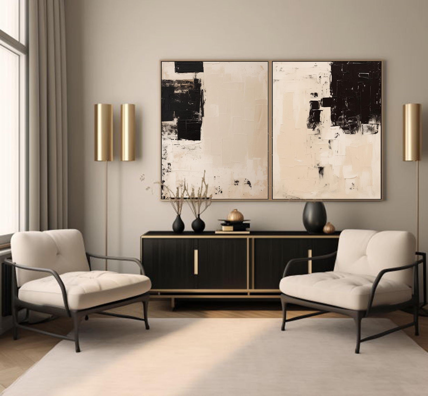Modern Minimalist Black and Beige Abstract Oil Painting for Contemporary Decor