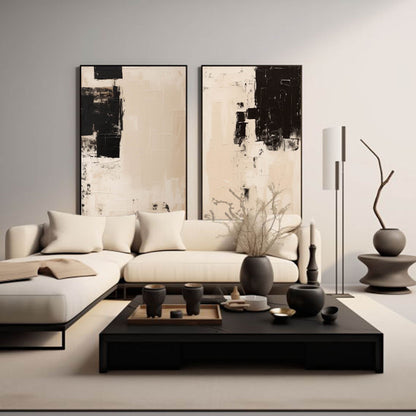 Modern Minimalist Black and Beige Abstract Oil Painting for Contemporary Decor