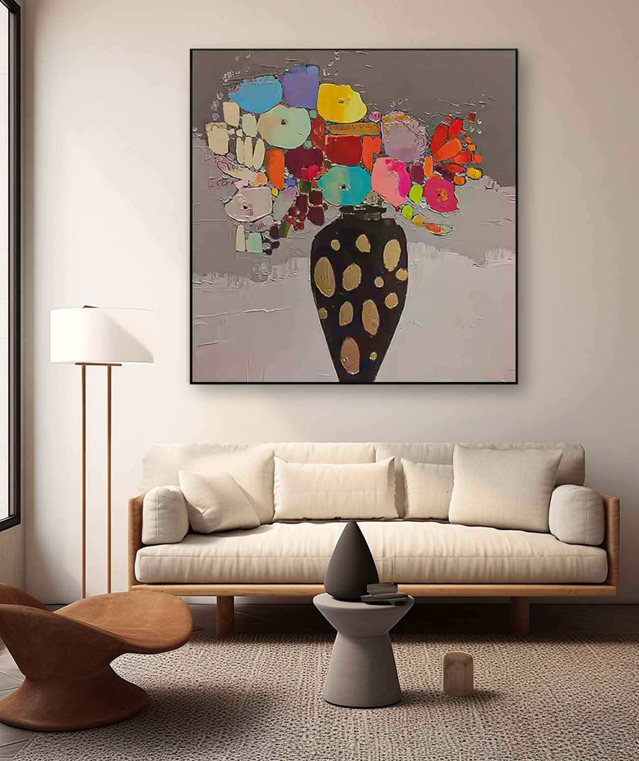 Vibrant Floral Still Life Oil Painting in Elegant Black Vase for Home Decor