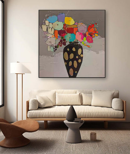 Vibrant Floral Still Life Oil Painting in Elegant Black Vase for Home Decor