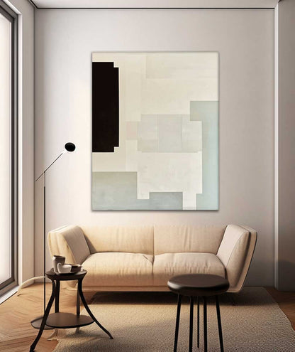 Abstract Geometric Oil Painting in Soft Neutrals for Modern Home Decor
