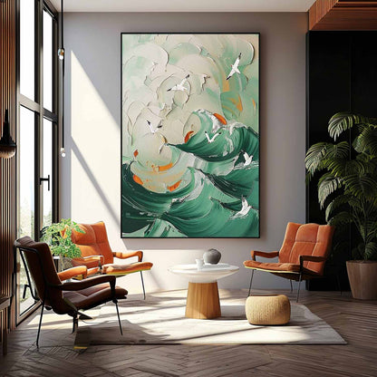 Serene Ocean Waves Oil Painting with Seagulls - Coastal Beach Art for Home Decor